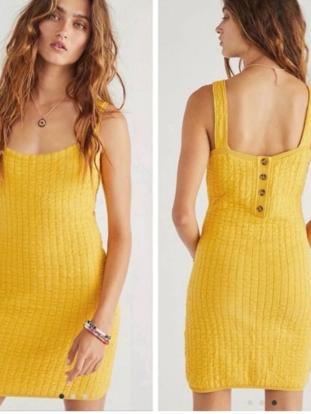 NWT Free People Textured Knit Mini Dress Yellow Bodycon Sleeveless Size Medium